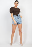 Acid Wash Belted Paperbag Denim Shorts