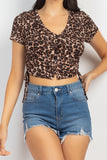 Ruched Drawstring Animal-printed Crop Top