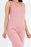 Casual Solid French Terry Sleeveless Scoop Neck Front Pocket Jumpsuit