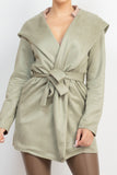 Suede Hooded Waist-tie Belt Jacket