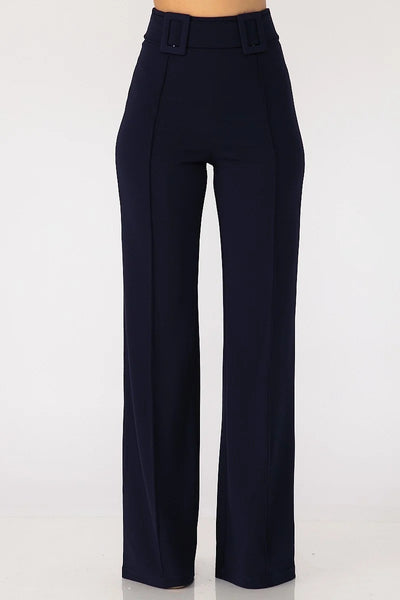 High Waist Pants With Self Fabric Buckle Detail On The Waist