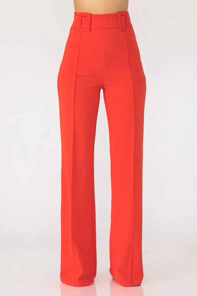 High Waist Pants With Self Fabric Buckle Detail On The Waist