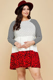 Plus Size Cute Polka Dot And Animal Print Contrast Swing Tiered Dress