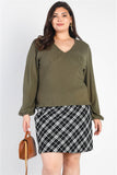 Plus Olive Flannel V-neck Long Sleeve Top