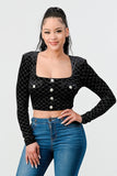 Lux Diamon Velvet Buttons Open Back Square Neck Long Sleeves Cropped Top