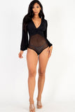 Mesh long sleeve deep v-neck bodysuit