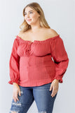 Plus Cotton Embroidery Off-the-shoulder Smocked Back Top